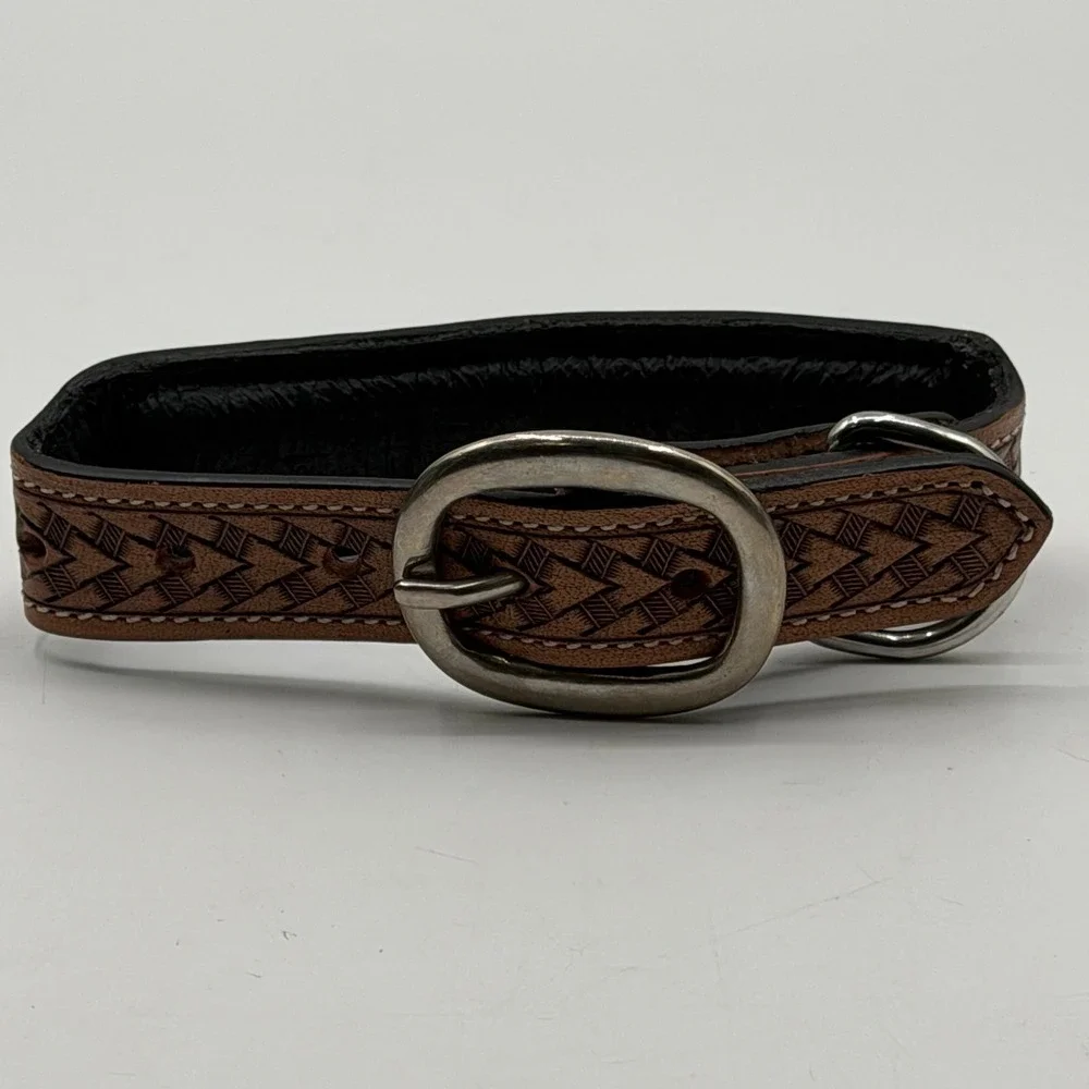 Myra Bag Southwestern Beaded Leather Dog Collar Brown Basketweave Small 10-14in